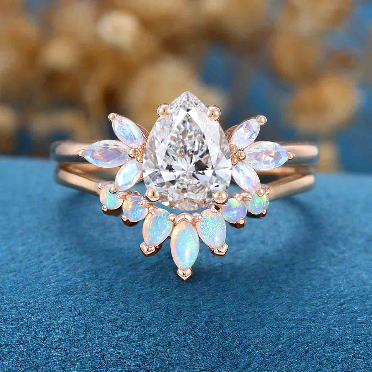 Pear cut Lab Grown Diamond Cluster Engagement Ring Bridal Set