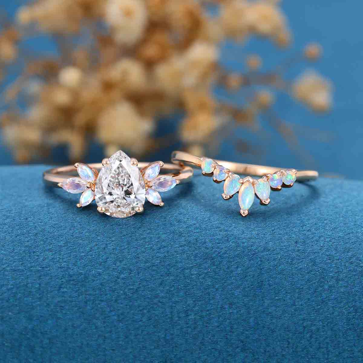 Pear cut Lab Grown Diamond Cluster Engagement Ring Bridal Set