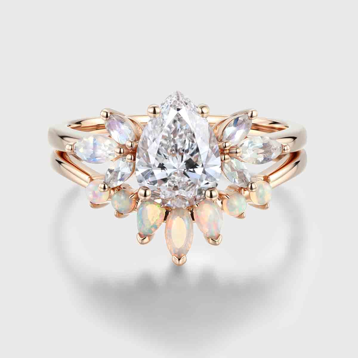 Pear cut Lab Grown Diamond Cluster Engagement Ring Bridal Set