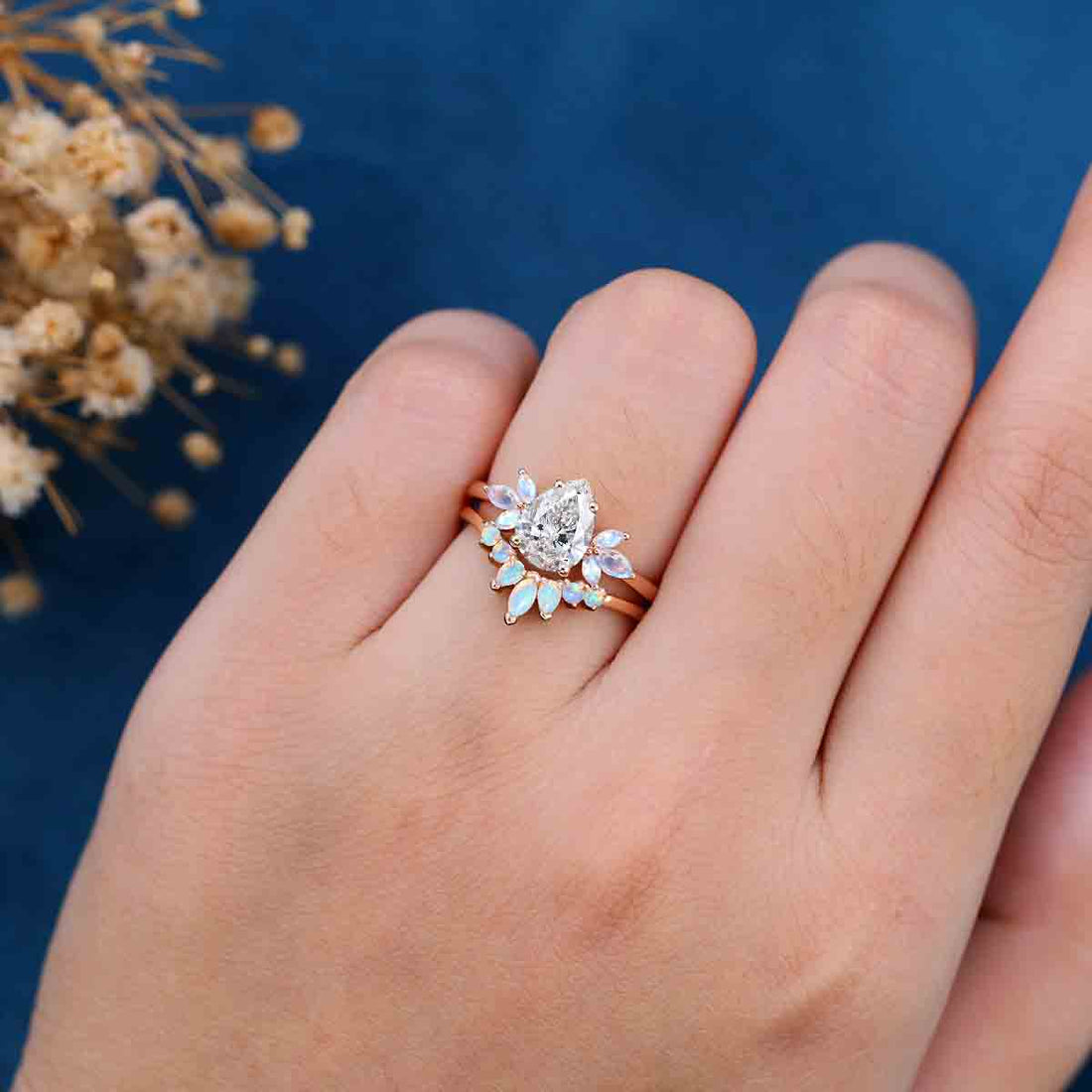 Pear cut Lab Grown Diamond Cluster Engagement Ring Bridal Set