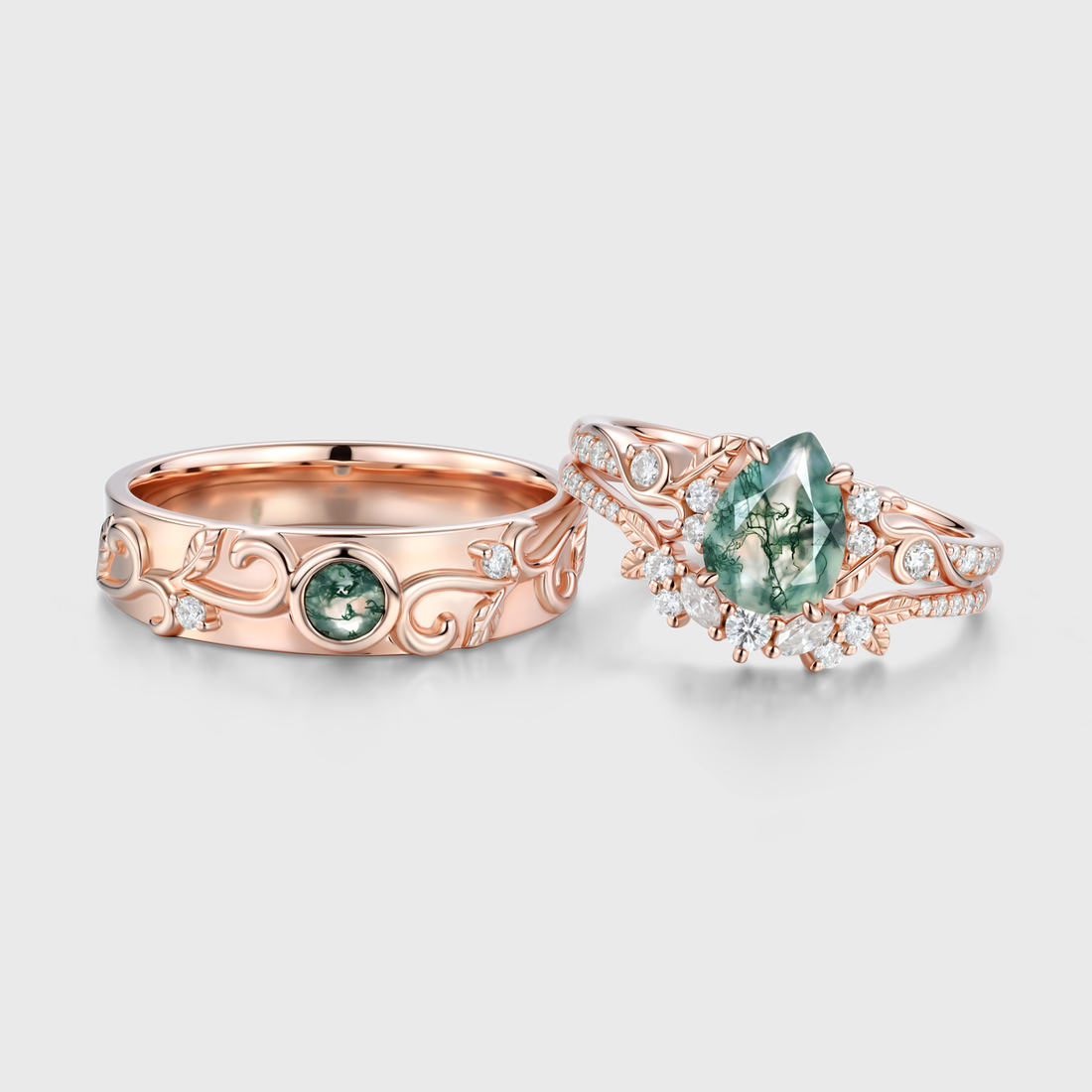 Pear cut Moss Agate Couples Ring Set- His and Hers Wedding Band Solid Gold Matching Promise Rings