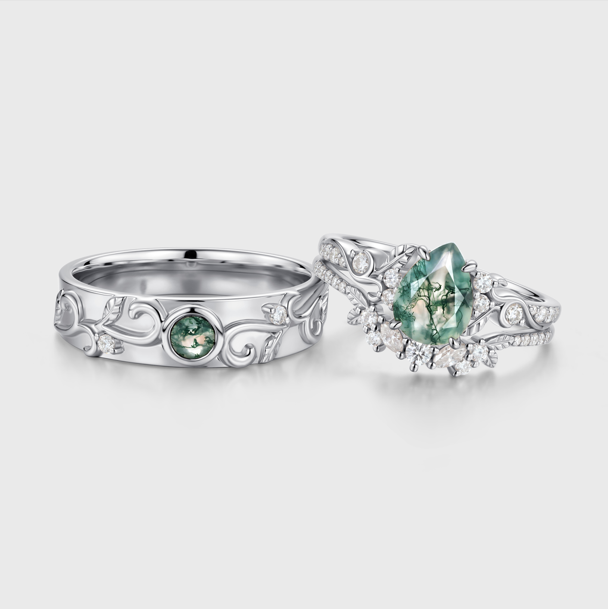 Pear cut Moss Agate Couples Ring Set- His and Hers Wedding Band Solid Gold Matching Promise Rings