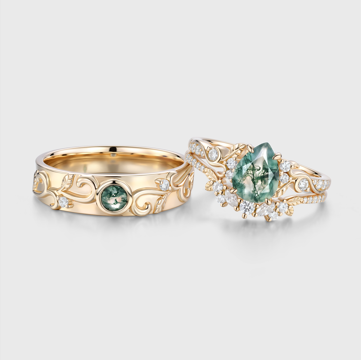 Pear cut Moss Agate Couples Ring Set- His and Hers Wedding Band Solid Gold Matching Promise Rings