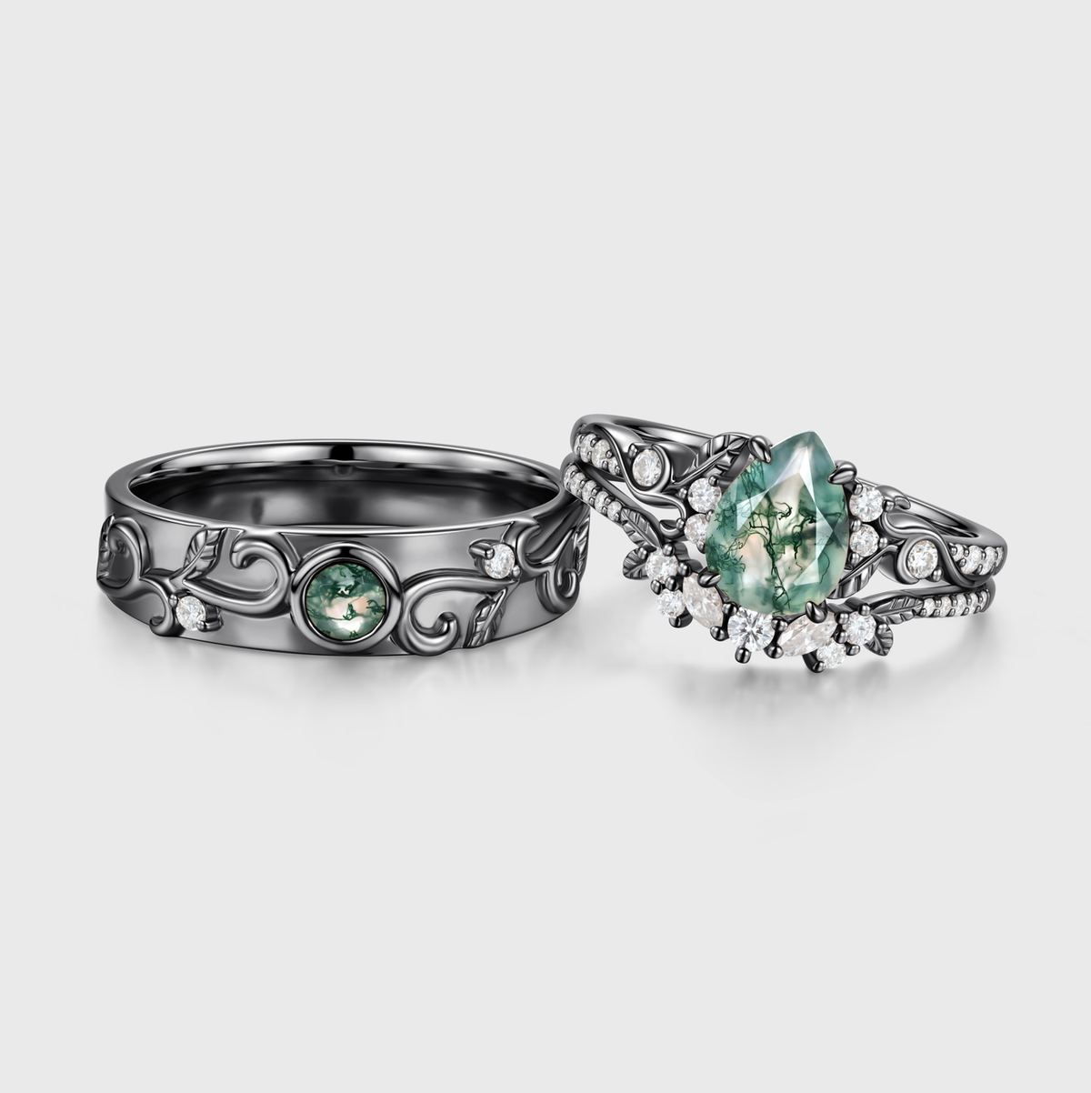 Pear cut Moss Agate Couples Ring Set- His and Hers Wedding Band Solid Gold Matching Promise Rings