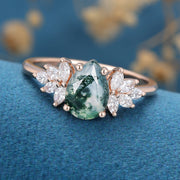 Moss Agate Natural Green Pear cut Cluster Engagement rings