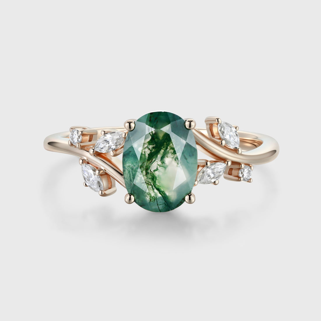 Oval cut Moss Agate + Diamonds Solid Gold Engagement Ring