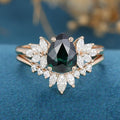 Pear cut Blue Green Sapphire Cluster Engagement Bridal Set