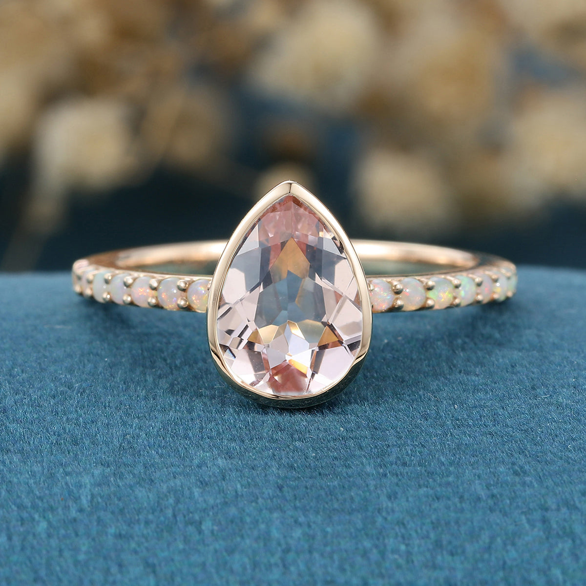 Bezel setting Pear cut Morganite Half Eternity Gold Engagement Ring