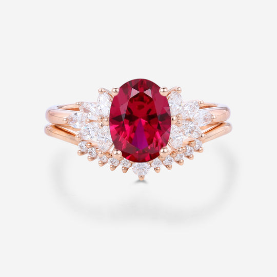 Oval cut Lab Ruby Cluster Engagement ring Bridal Set
