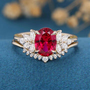 Oval cut Lab Ruby Cluster Engagement ring Bridal Set