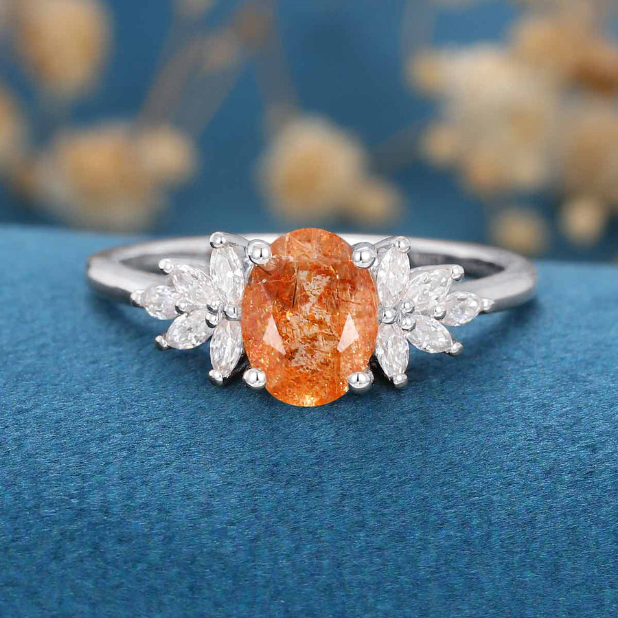 Oval cut Sunstone Cluster Engagement Ring