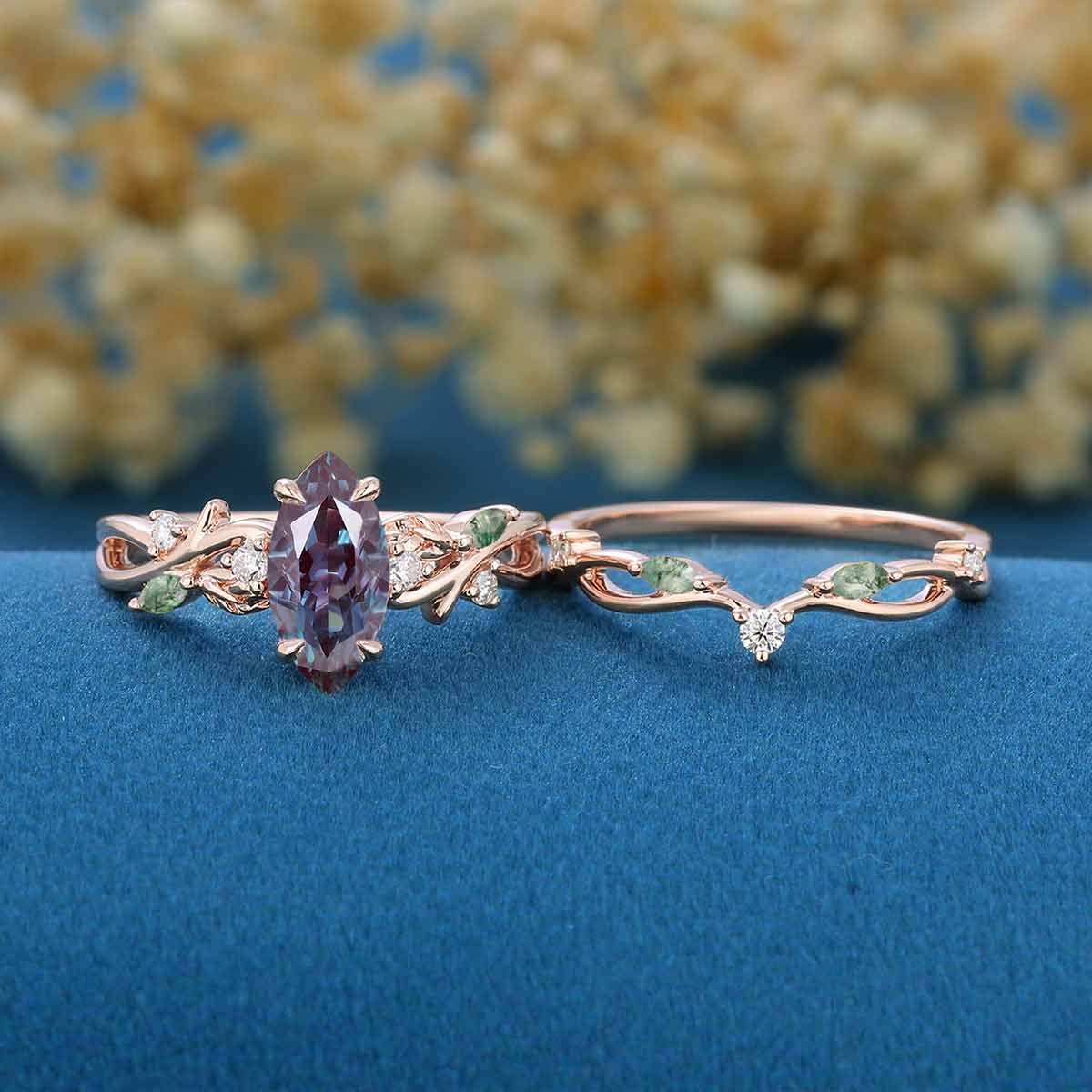 Marquise cut Alexandrite Engagement Ring & Nature Inspired Moss Agate Wedding Bridal Set