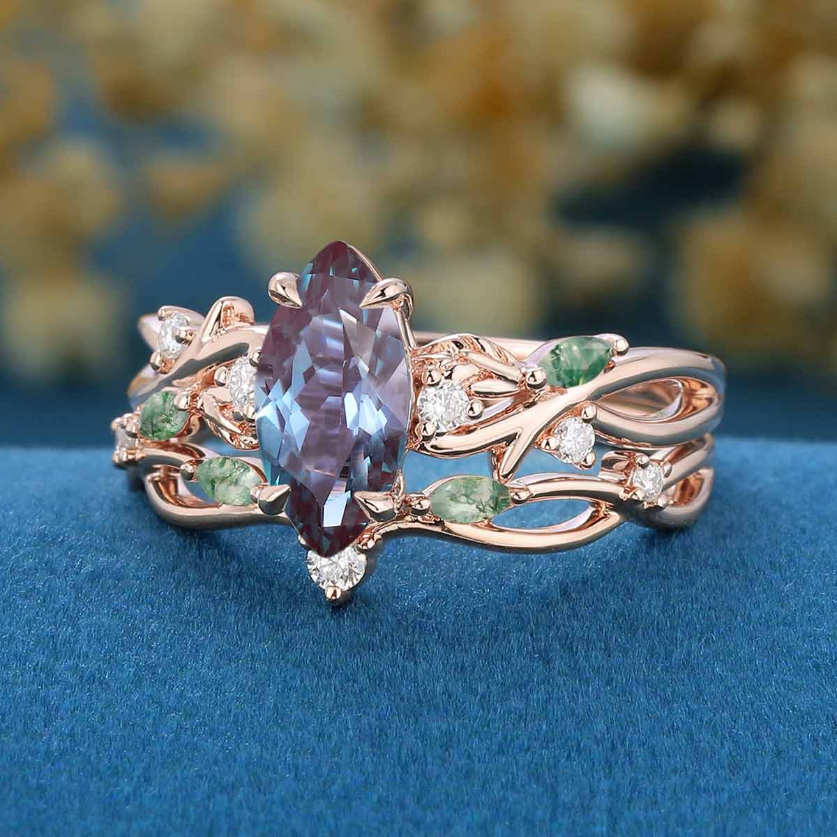 Marquise cut Alexandrite Engagement Ring & Nature Inspired Moss Agate Wedding Bridal Set