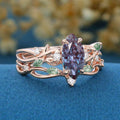 Marquise cut Alexandrite Engagement Ring & Nature Inspired Moss Agate Wedding Bridal Set
