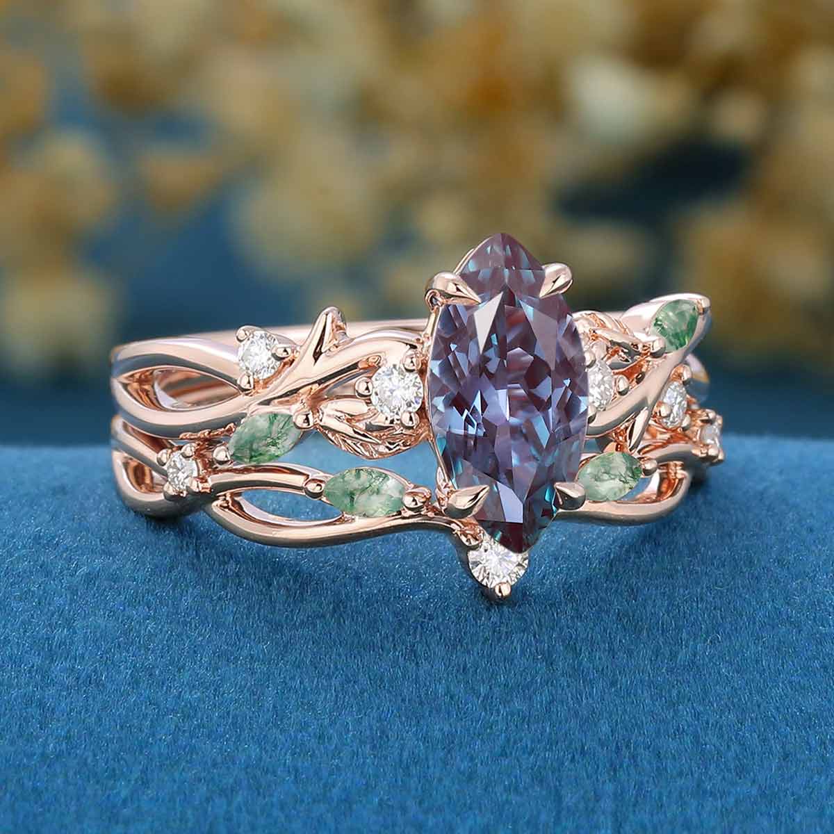 Marquise cut Alexandrite Engagement Ring & Nature Inspired Moss Agate Wedding Bridal Set
