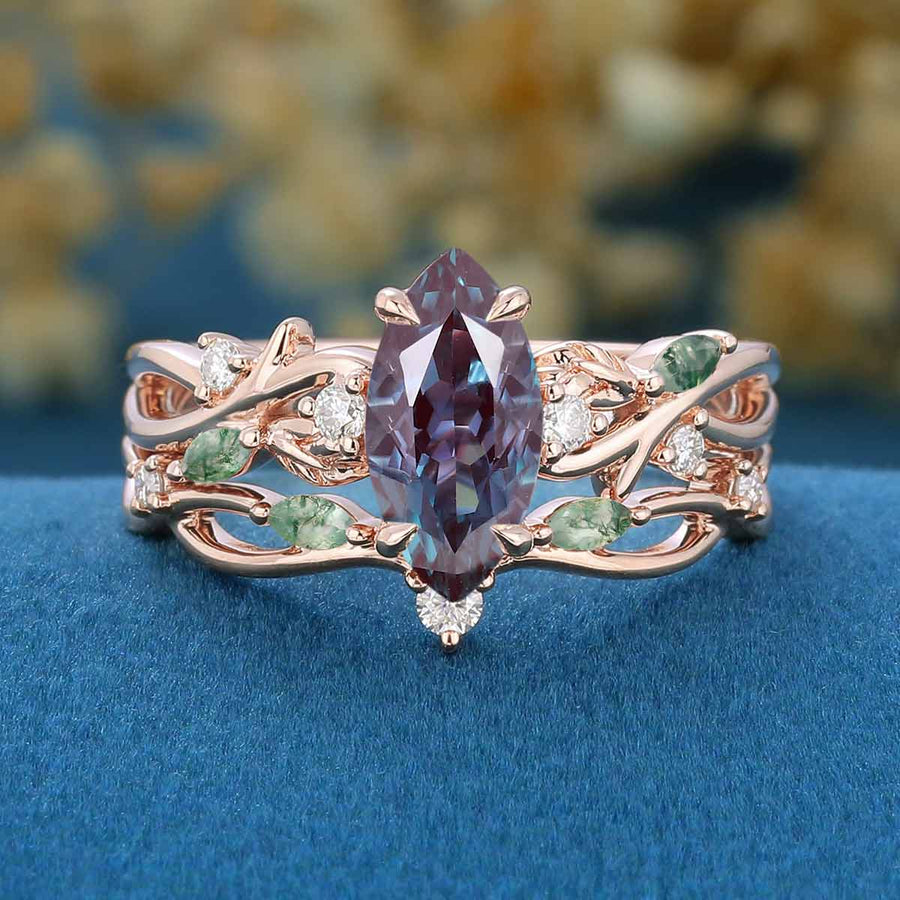 Marquise cut Alexandrite Engagement Ring & Nature Inspired Moss Agate Wedding Bridal Set