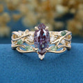 Marquise cut Alexandrite Engagement Ring & Nature Inspired Moss Agate Wedding Bridal Set