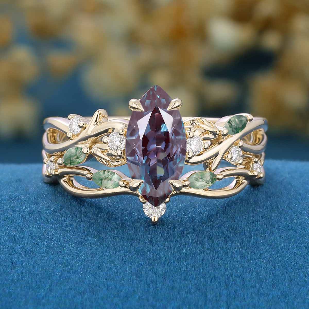 Marquise cut Alexandrite Engagement Ring & Nature Inspired Moss Agate Wedding Bridal Set