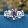 Marquise cut Alexandrite Engagement Ring & Nature Inspired Moss Agate Wedding Bridal Set