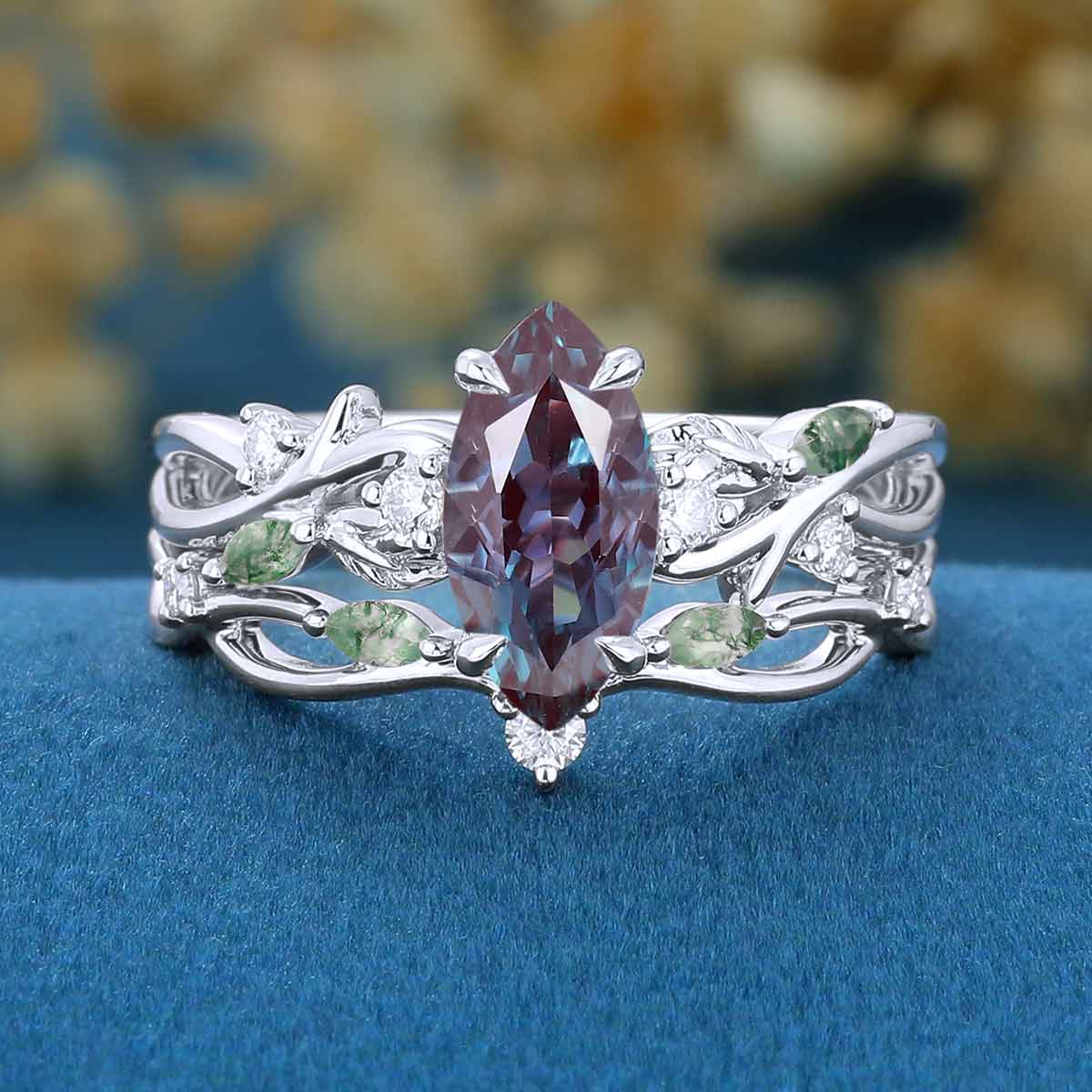 Marquise cut Alexandrite Engagement Ring & Nature Inspired Moss Agate Wedding Bridal Set