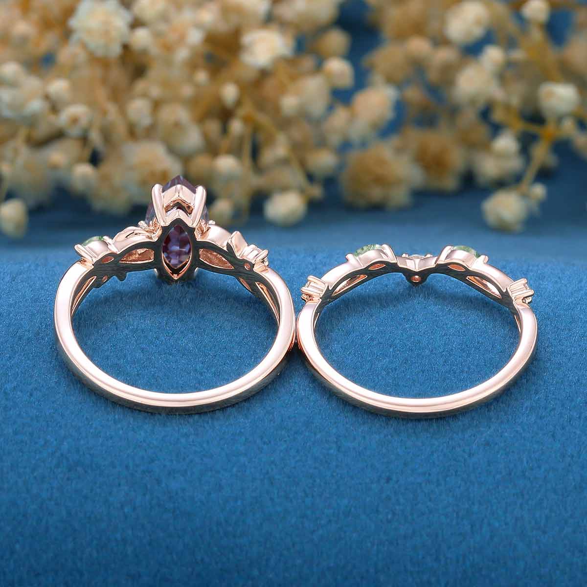 Marquise cut Alexandrite Engagement Ring & Nature Inspired Moss Agate Wedding Bridal Set