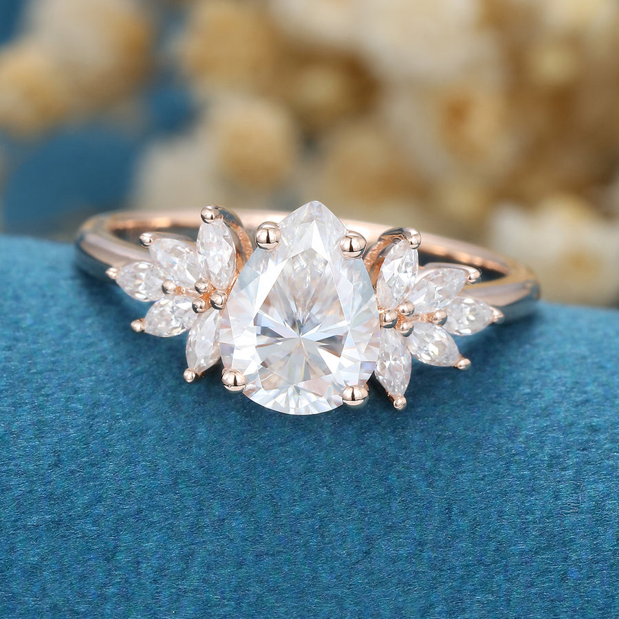 Pear cut Moissanite Cluster Engagement ring