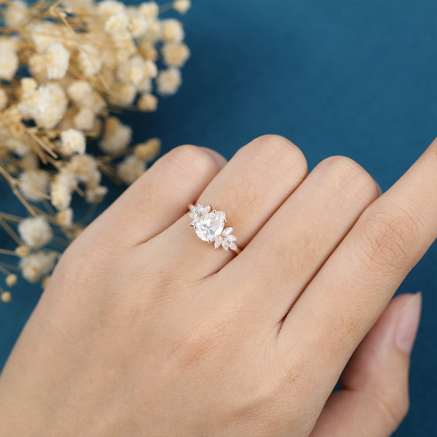 Pear cut Moissanite Cluster Engagement ring