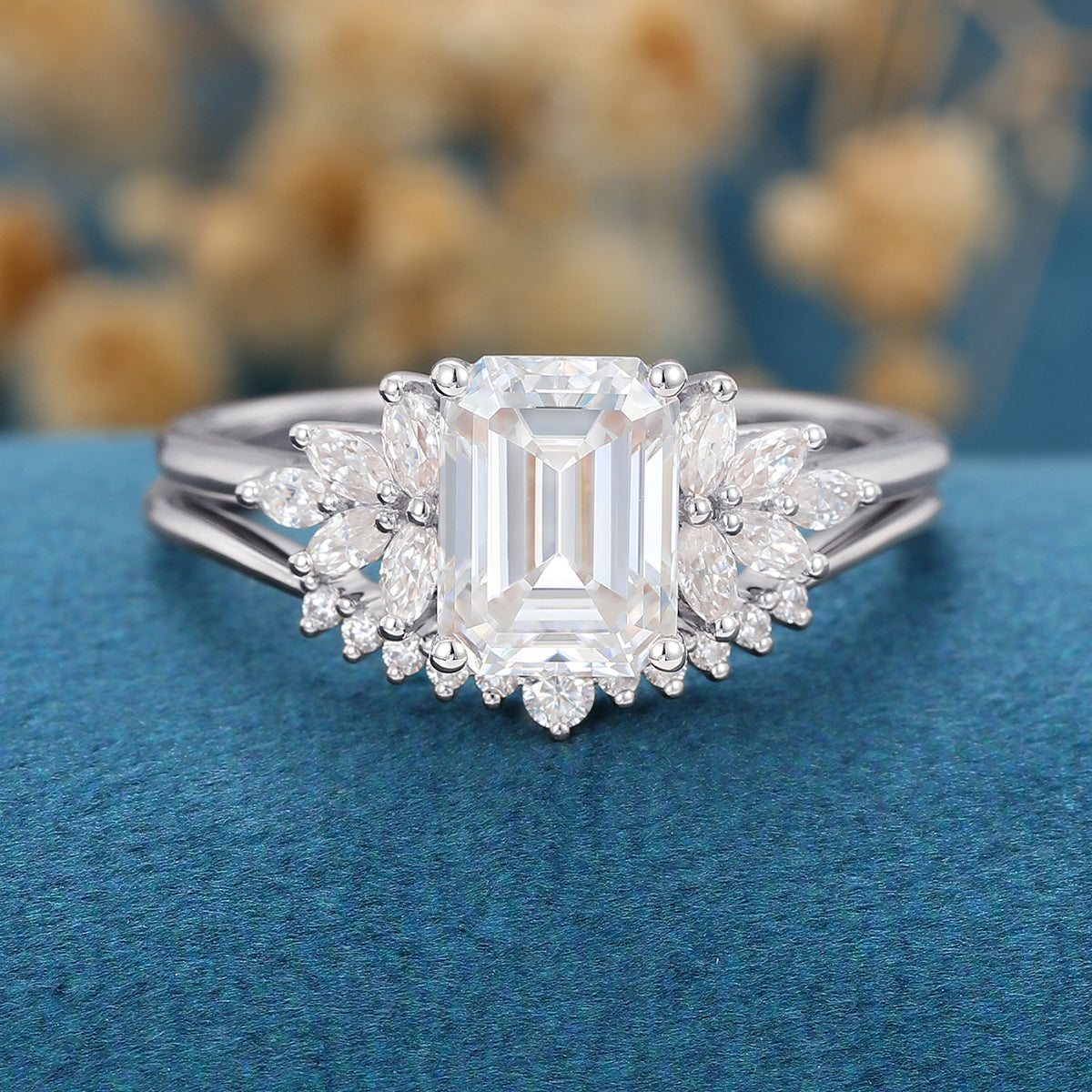 2PCS 1.6 Carat Emerald cut Moissanite Cluster Engagement ring Bridal Set