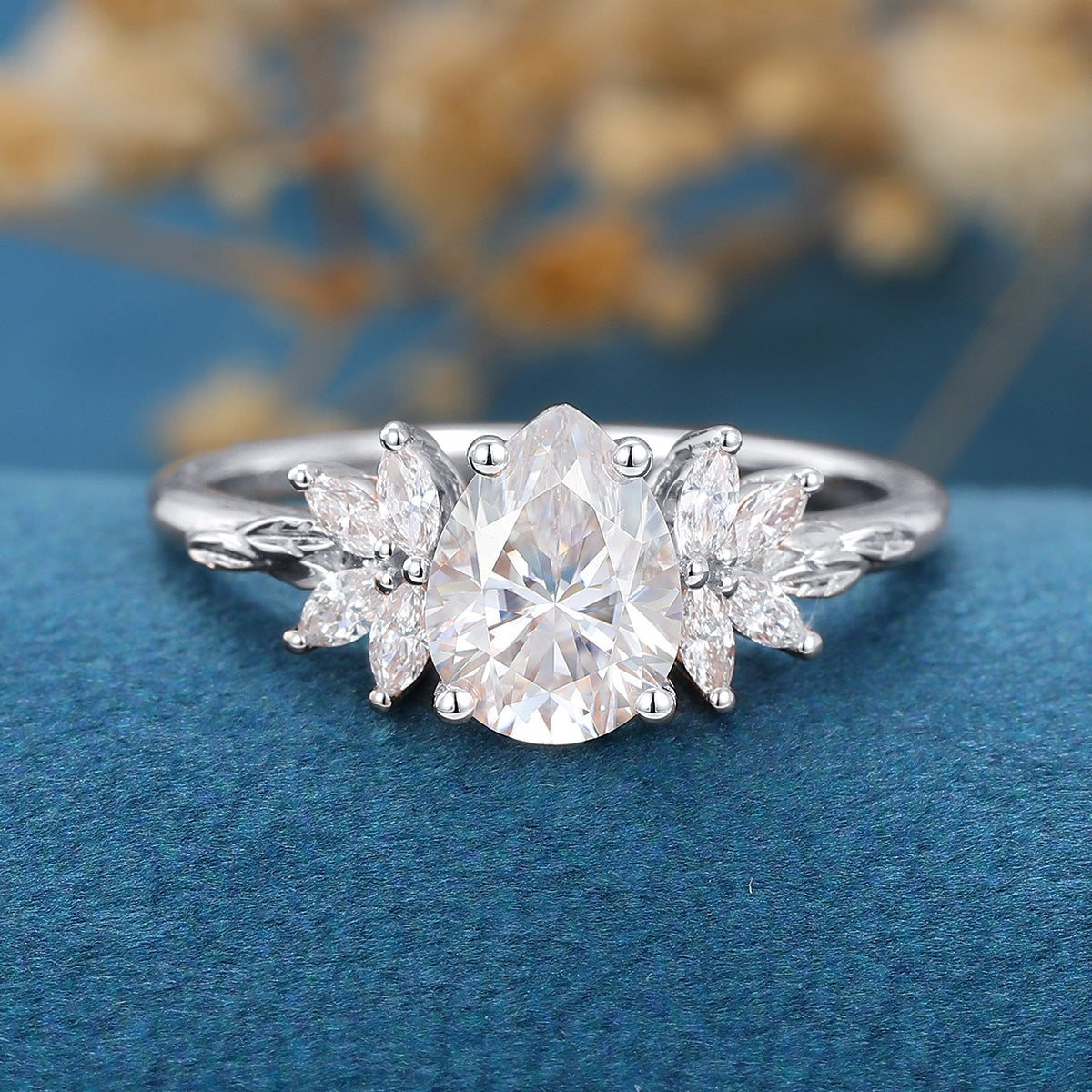 1.2Carat Pear cut Moissanite Cluster Engagement ring