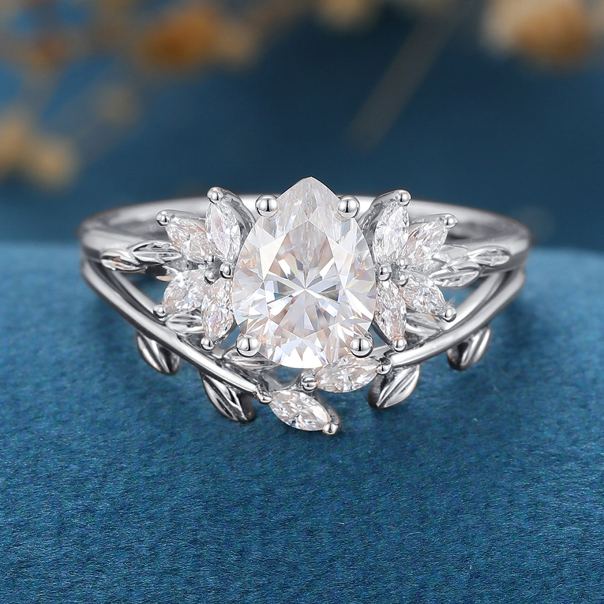 Pear cut Moissanite Cluster Engagement ring Bridal Set