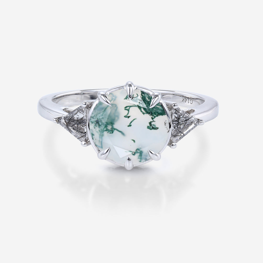 Solitaire Bezel Set Round cut Moss Agate Gold Engagement Ring