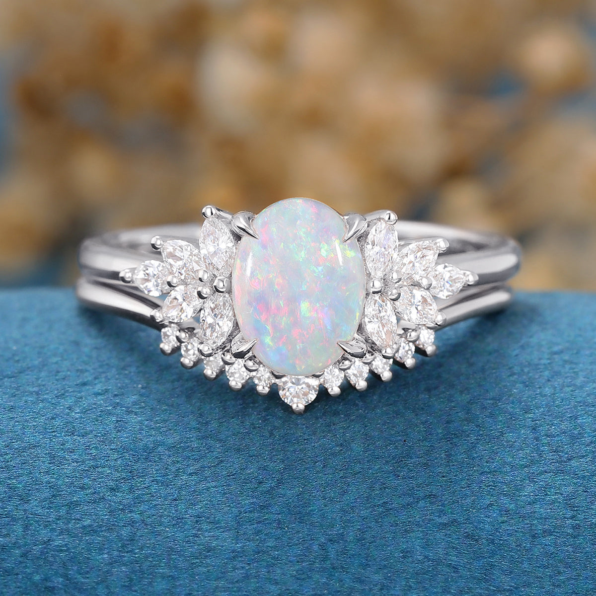 1Carat Oval cut Opal Engagement ring Bridal Set