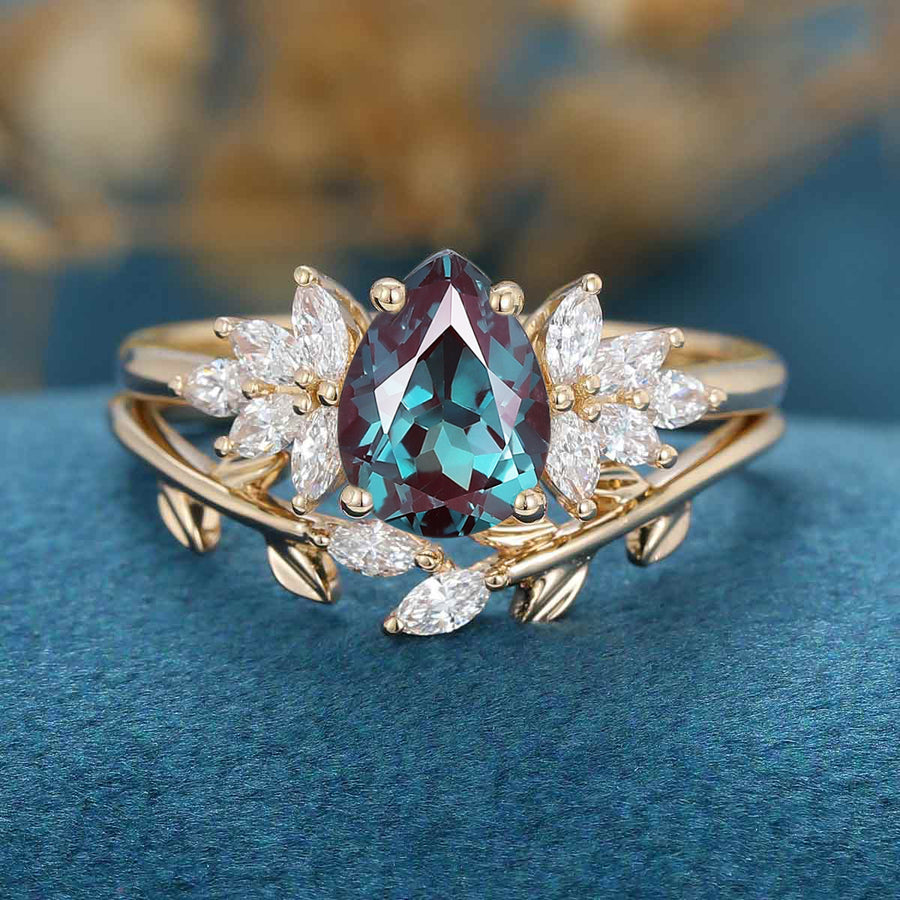 Pear cut Lab Alexandrite Cluster Engagement ring Bridal Set