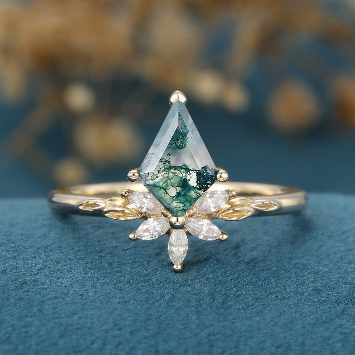 Kite Cut Natural Green Moss Agate Cluster Engagement Ring