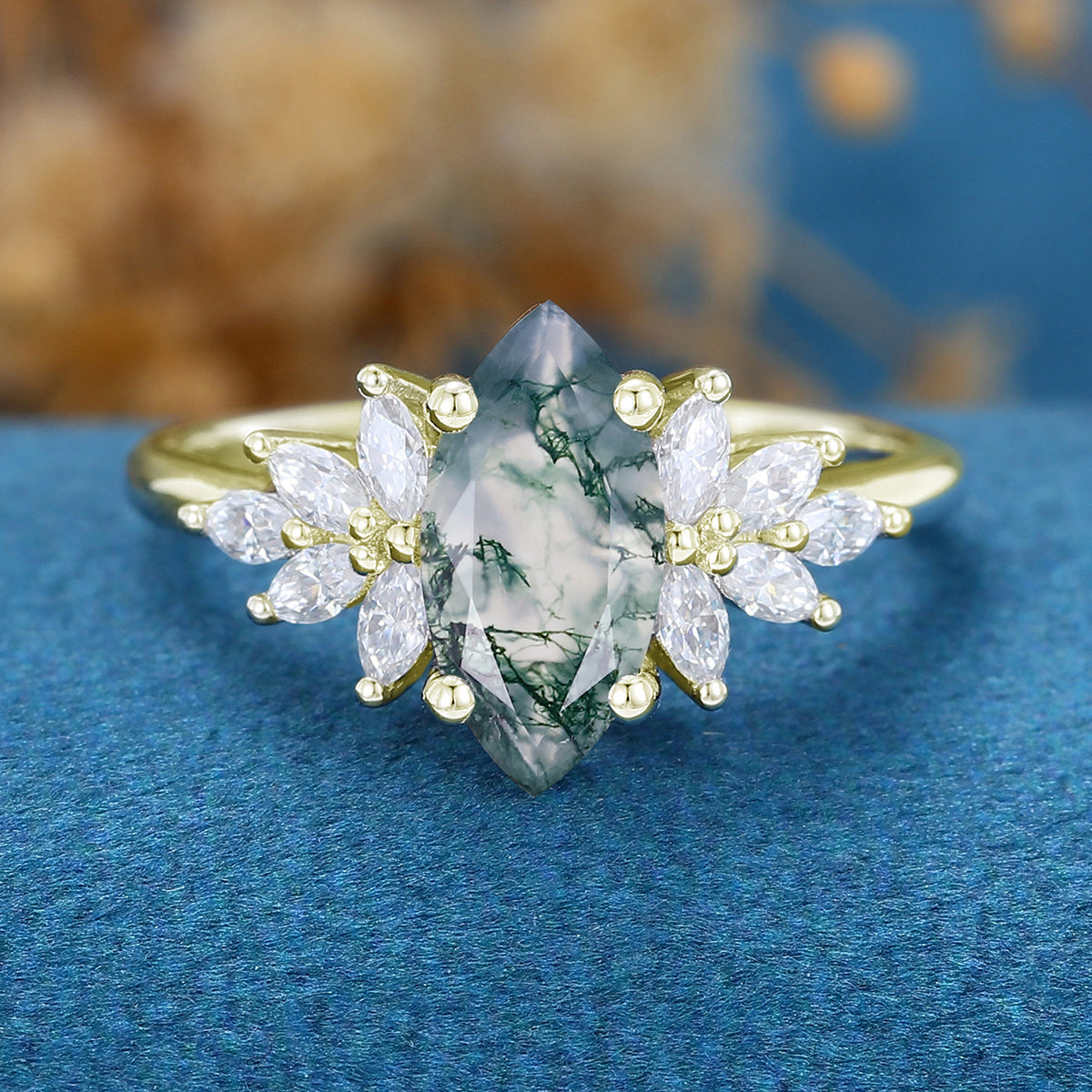 Marquise Cut Natural Green Moss Agate Cluster Engagement Ring