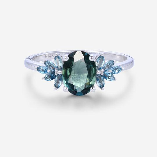 1.5Cara Oval Blue Green Sapphire Cluster Engagement Ring