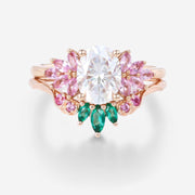 Oval cut Moissanite Matching Diamonds | Lab Grown Emerald |  Natural Pink Sapphires  Rose Gold Wedding Bridal Set