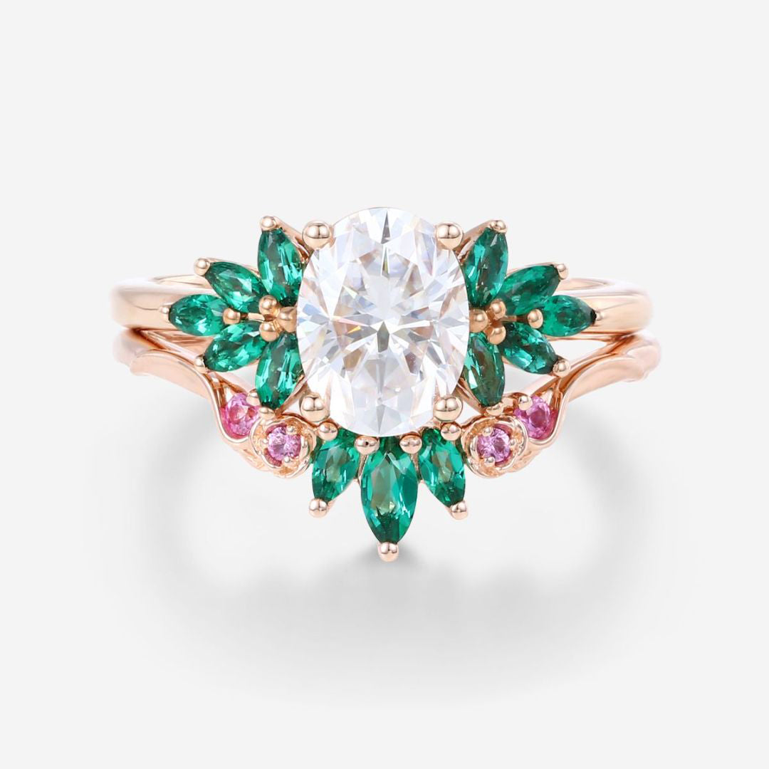 Oval cut Moissanite Matching Diamonds | Lab Grown Emerald |  Natural Pink Sapphires  Rose Gold Wedding Bridal Set