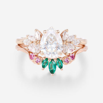 Oval cut Moissanite Matching Diamonds | Lab Grown Emerald |  Natural Pink Sapphires  Rose Gold Wedding Bridal Set