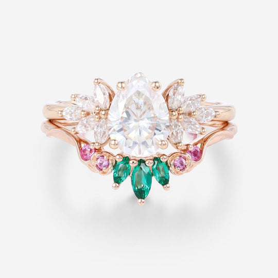 Oval cut Moissanite Matching Diamonds | Lab Grown Emerald |  Natural Pink Sapphires  Rose Gold Wedding Bridal Set