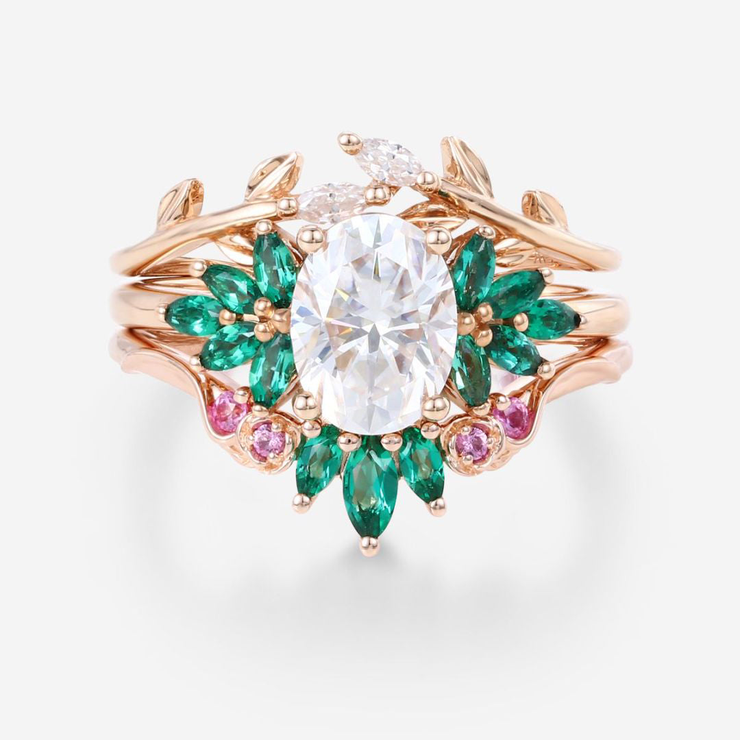 Oval cut Moissanite Matching Diamonds | Lab Grown Emerald |  Natural Pink Sapphires  Rose Gold Wedding Bridal Set