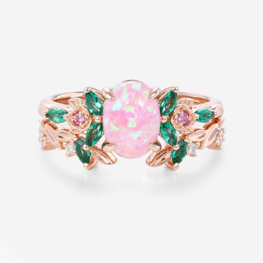 Oval cut Lab Pink Opal Rose Gold Matching Moissanite | Lab Grown Emerald Rose Gold Wedding Bridal Set