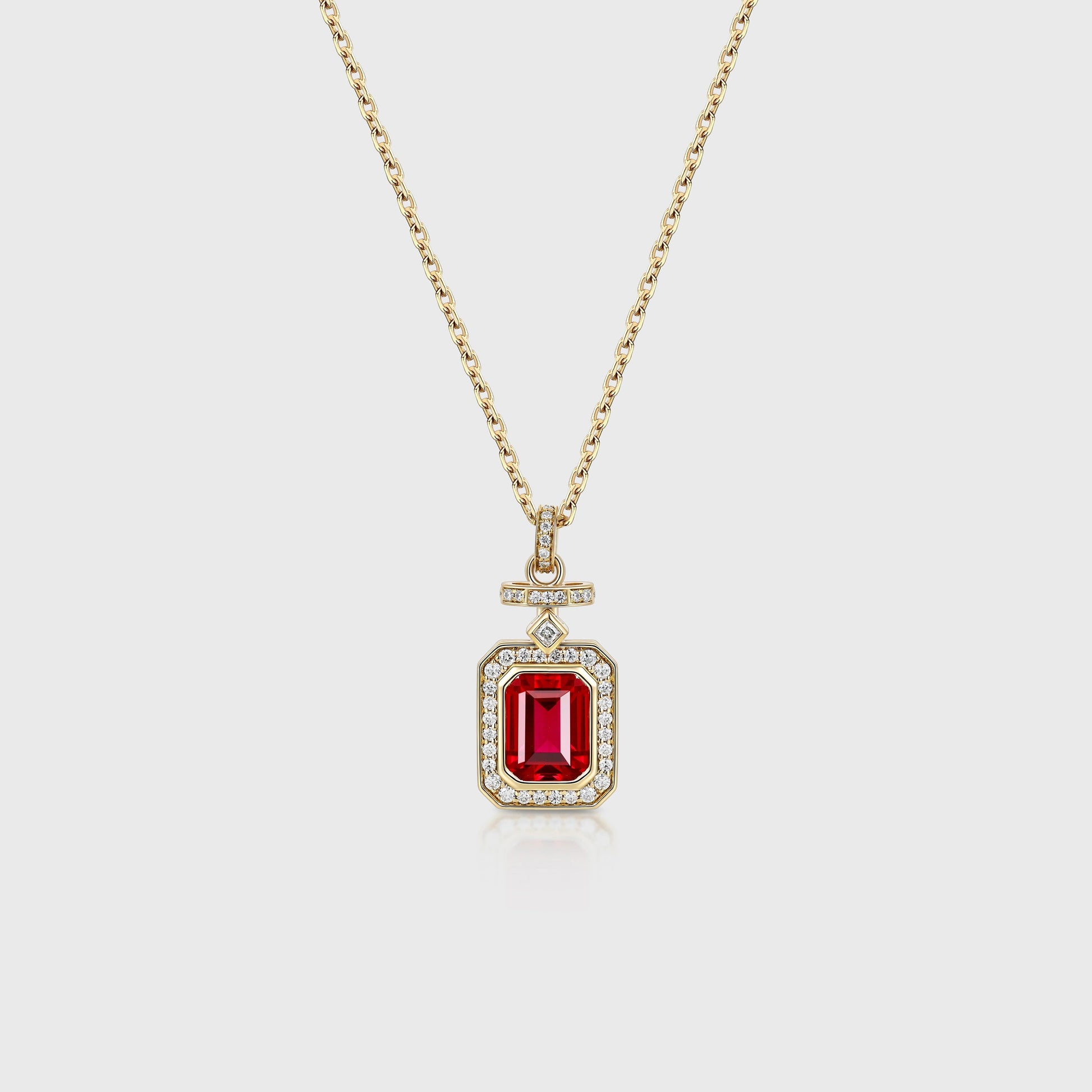 Emerald cut Lab Ruby Pendant Necklace with Moissanite Halo Accents