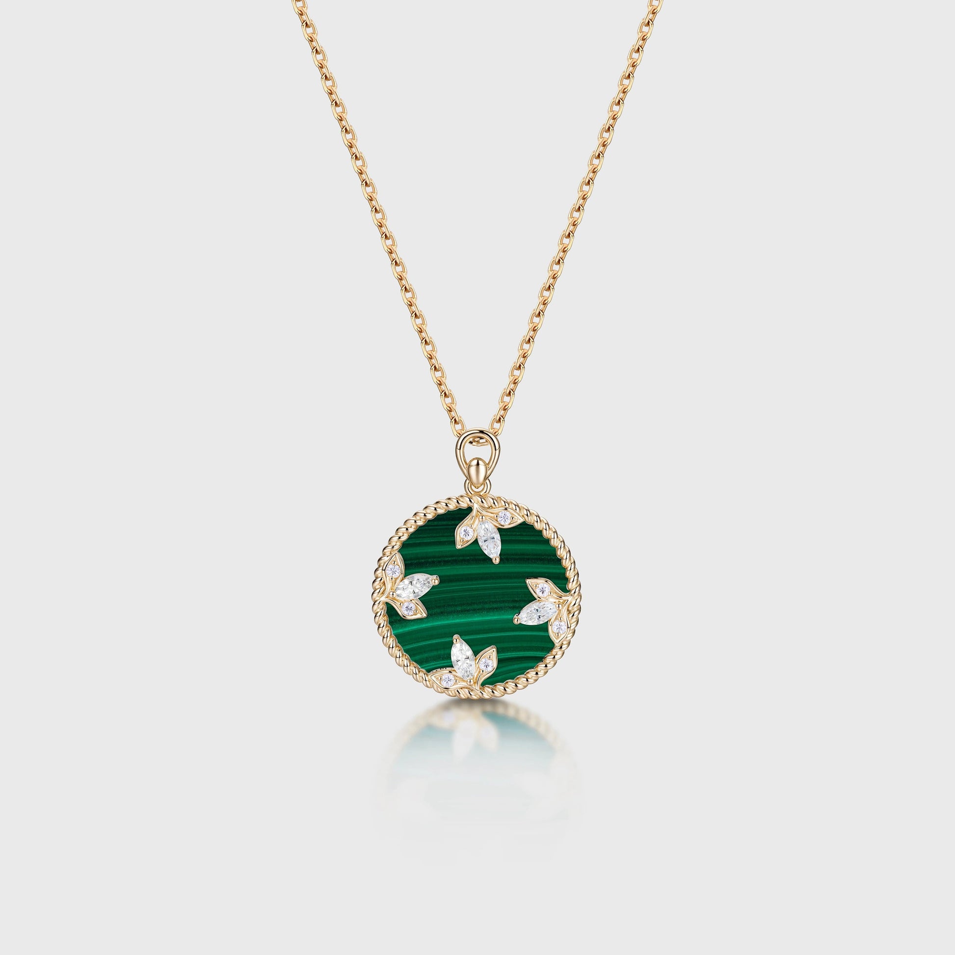 Round cut Malachite Pendant Necklace with Diamonds Halo Accents