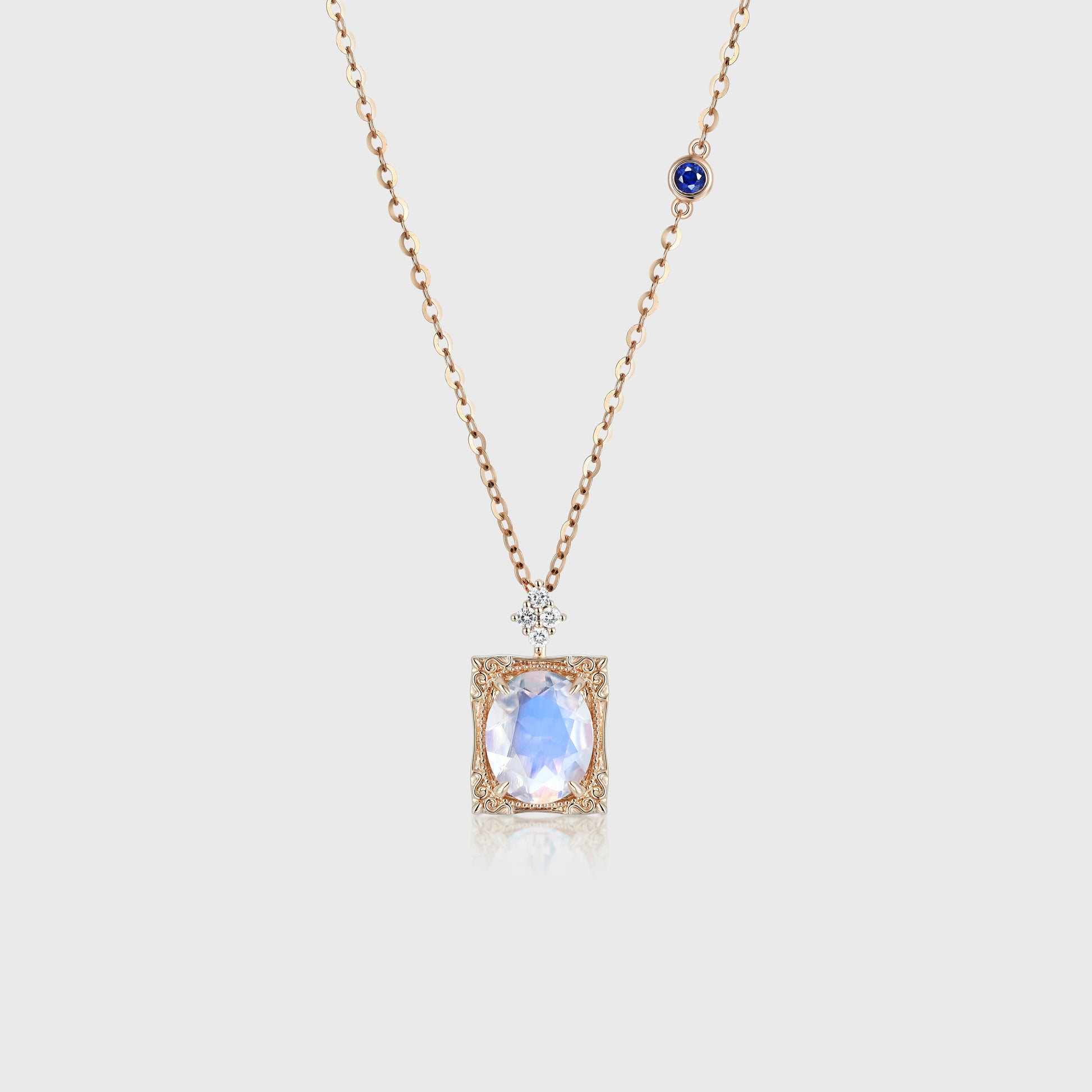 Oval cut Moonstone Pendant Necklace with Diamonds Halo Accents