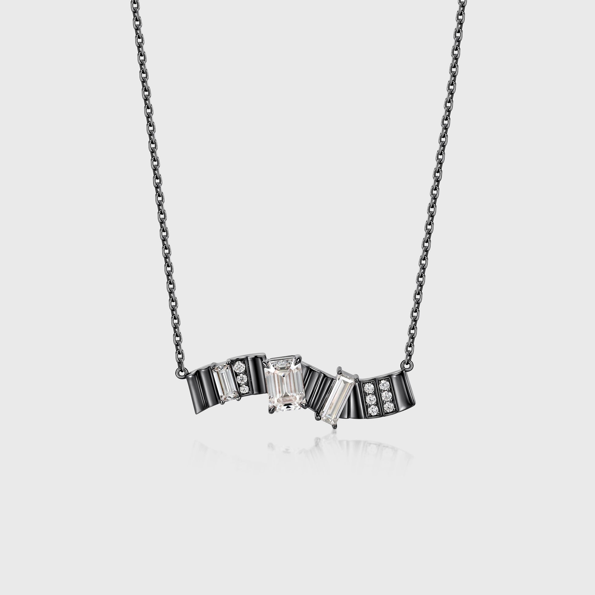 Emerald cut Moissanite Pendant Necklace with Moissanite Pave Accents