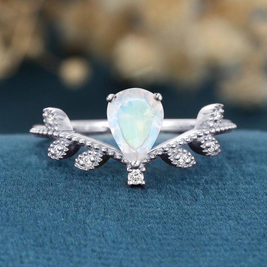 Nature Inspired Pear cut Moonstone Leaf Gold Engagement Ring