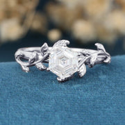 Nature Inspired Hexagon cut Moissanite Leaf Gold Engagement Ring