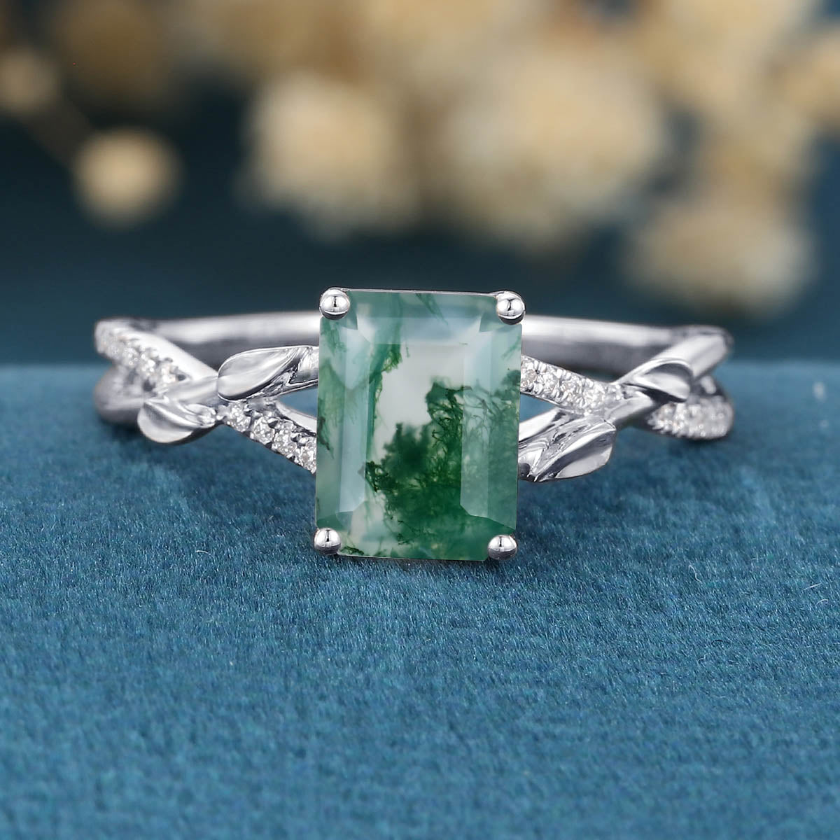 Nature Inspired Emerald cut Moissanite Leaf Gold Engagement Ring