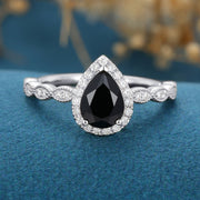 Pear cut Black Onyx  Engagement ring Bridal Set